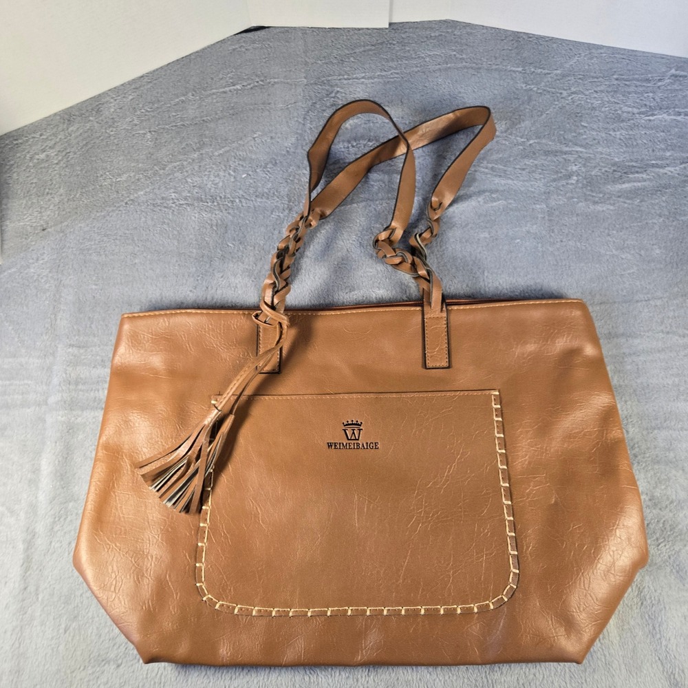Weimeibaige Brown Faux Leather Tote Bag Braided Straps Tassel Large Shoulder Bag